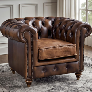Fauteuil Chesterfield en cuir vintage de luxe avec capitonnage profond, fauteuil d'appoint classique pour salon - Product Image 1