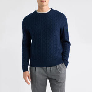 Suéter de punto trenzado azul marino para hombre, cuello redondo, color sólido, manga larga, informal, para otoño - Product Image 1