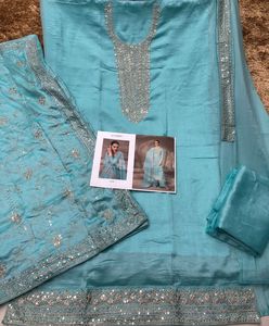 Ensemble Salwar Kameez traditionnel brodé turquoise, longueur ras du sol, en viscose jacquard, tenue de mariage indienne pakistanaise pour femmes - Product Image 3