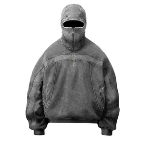 Sweat à capuche vintage oversize à masque intégral, délavé à l'acide soufré, tricoté décontracté, coupe carrée, effet soleil délavé, style jogger, vente en gros - Product Image 5