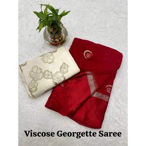 SÉQUENCE DE GEORGETTE EN VISCOSE AVEC FIL DE VISCOSE TRAVAIL SAREE AVEC CHEMISIER NON COUDU ROUGE - Product Image 1