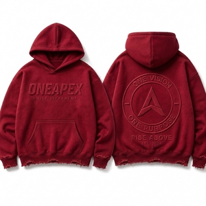 Sweat à capuche personnalisé pour homme, rouge bordeaux, en molleton épais délavé, coupe oversize, effet vieilli, avec logo en relief, style streetwear, OEM ODM - Product Image 3