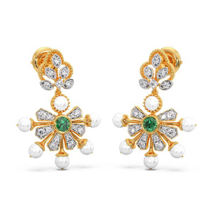 Boucles d'oreilles pendantes en diamant vert soleil couché avec grappe de feuilles et accents de pierres blanches - Product Image 1
