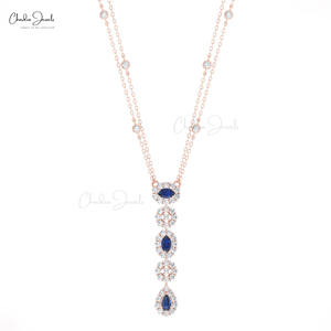 Collier Lariat Double Chaîne en Or Fin 14K avec Diamants Halo et Saphir Bleu Véritable 0.63CTW – Bijou Classique de Grossiste Vérifié - Product Image 3