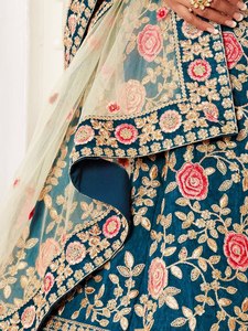 Blue Modern A-Line Satin Floral Embroidered Lehenga Choli Set with <b>Sequin</b> and Zari for Women's Empire Waist Wedding Dress - Product Image 5