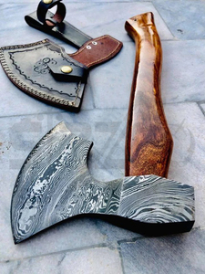 Custom Full Tang Damascus Steel Hunting Camping Bearded <b>Axe</b> Wood <b>Handle</b> Tomahawk Real Hatchet with Leather Sheath, Ideal Gift - Product Image 6