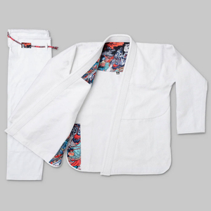 White BJJ Kimono With Colorful Japanese Art Print Inside Collar And Sleeve Ends Unisex Adult Martial Arts Wear JUI JITSU - Product Image 1