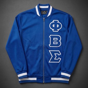 เสื้อแจ็คเก็ตบอมเบอร์กันน้ำสำหรับฤดูหนาว แบรนด์ Phi Beta Sigma ผ้าแคนวาส สีน้ำเงิน สำหรับผู้ชาย ลายปักแบบกรีก สำหรับชมรมนักศึกษา  รับผลิตตามแบบ OEM - Product Image 1
