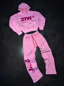 White Cropped <b>Zip</b> <b>Up</b> Hoodie Tracksuit Set | Contrast Piping Streetwear Sweatsuit | Custom OEM Private Label Fashion Manufacturer - Product Image 3