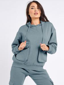 Sudadera con capucha para mujer, color sólido, manga larga, informal, holgada, con cierre de cordón, bolsillos laterales, algodón de peso medio, ropa de otoño - Product Image 1
