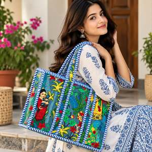 Bohemian Canvas Tote <b>Bag</b> Panelled Floral Pattern Blue <b>White</b> Stripe Trim Water Resistant Open Top Shopping <b>Bag</b> All Seasons - Product Image 2