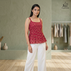 Haut en coton imprimé rouge à col carré pour femme, style décontracté, collection été Inde Pakistan - Product Image 4