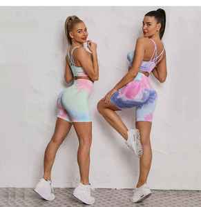 Tie Dye Yoga Set Women 2 Piece <b>Crop</b> <b>Top</b> <b>Shorts</b> High Waist Crisscross Straps Gradient Color Spandex Polyester Fitness Wear - Product Image 4