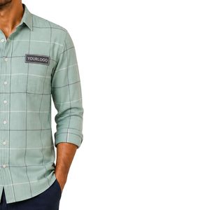 Chemise à manches longues pour homme à carreaux vert menthe, gris et blanc, avec logo personnalisé, boutonnée, en coton, décontractée, vente en gros - Product Image 4