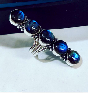 Natural Labradorite Five Stone 925 Sterling <b>Silver</b> Handmade Vintage <b>Boho</b> Statement Wedding Unisex <b>Ring</b> - Product Image 3