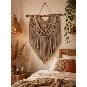 Bohemian Macrame Wall Hanging Abstract Geometric Pattern Triangle Shape Natural Fiber Home Decor Bedroom Art Piece - Product Image 1