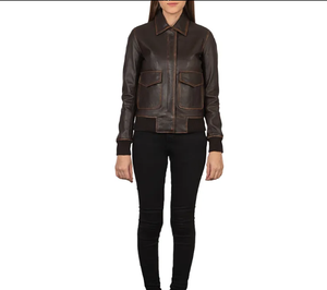 Chaqueta Bomber de Cuero Genuino para Mujer, Manga Larga, Cuello Camisero, Cierre de Cremallera, Bolsillos con Parches, Ropa de Otoño - Product Image 2