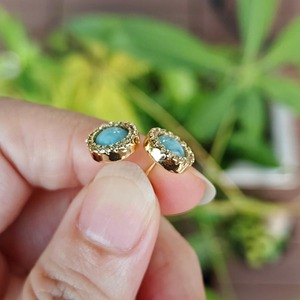 925 Sterling <b>Silver</b> Gold Larimar Bohemian Style <b>Stud</b> Earrings Natural Bezel Set CZ Pave Birthstone Healing Crystal Wedding Party - Product Image 6
