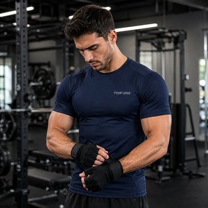 T-shirt de sport pour homme bleu marine à séchage rapide, manches courtes, coupe ajustée, col rond, en polyester tricoté, vêtement de sport avec impression de logo sur le devant - Product Image 6