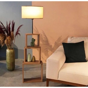 โคมไฟตั้งพื้นทรงลูกบาศก์ไม้สไตล์โมเดิร์นพร้อมโคมทรงกลมสีแทน - Product Image 3