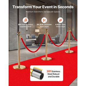 Fournitures hôtelières : Ensemble de 6 barrières de contrôle de foule avec tapis rouge, 4 cordons en velours rouge et poteaux de délimitation en acier inoxydable doré - Product Image 2