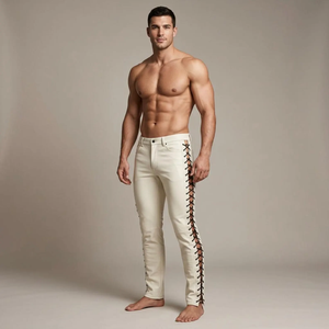 Pantalones Ajustados Blancos con Cordones para Hombre, de Algodón, Largos, Casuales, para Verano, Cintura Media, Transpirables - Product Image 1