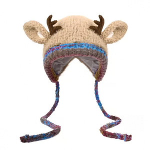Cute <b>Reindeer</b> Antler Plush Hat Christmas Winter Earflap Hat with Long Braided Tassels Soft Animal Costume Headwear - Product Image 5