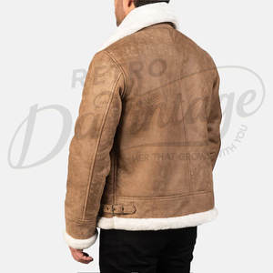 Veste bomber en peau de mouton marron clair pour homme avec col et doublure en fausse fourrure blanche, veste d'aviateur d'hiver haut de gamme - Product Image 4