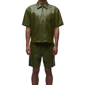 Men's Olive Green Short Sleeve Leather <b>Shirt</b> With Zipper Closure Turn-down Collar Casual Workwear Style - Product Image 6
