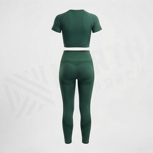 Women Yoga Set 2 Piece <b>Crop</b> <b>Top</b> Short Sleeve Crew Neck High Waist Leggings Solid <b>Dark</b> <b>Green</b> - Product Image 2