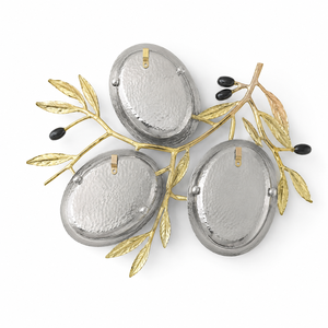 Colección de tres platos de latón premium, acero inoxidable y esmalte negro con diseño de rama de olivo. Longitud 10.75 pulgadas, ancho 9 pulgadas y altura 1.75 pulgadas. - Product Image 6