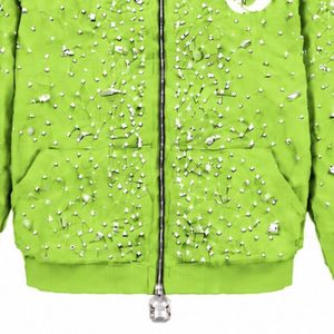 <b>Lime</b> <b>Green</b> Pearl Full Zip Hoodie Crystal Studded Fashion Streetwear <b>Jacket</b> Long Sleeve Hooded Sweatshirt With Front Pocket - Product Image 5