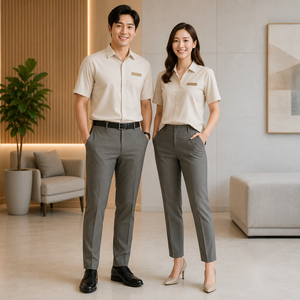 เสื้อเชิ้ตแขนสั้นสีเบจพร้อมกางเกงสีเทาสำหรับผู้ชายและผู้หญิงชุดทำงานสำหรับผู้ใหญ่แบบระบายอากาศได้ - Product Image 2