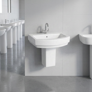 Lavabo semipedestal de cerámica blanca de diseño moderno con desagüe, hecho en India, para baño. - Product Image 2