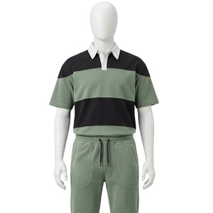 Polo de rugby rayé à col blanc contrastant pour homme, manches courtes, respirant, en coton et polyester piqué - Product Image 4