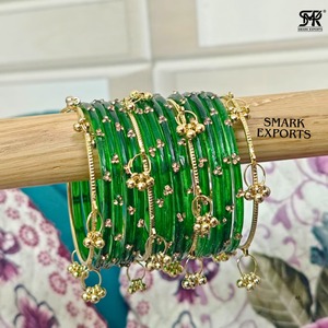 Luxury Handmade Emerald Green Kashmiri Bangle Set with Ghungroo Traditional Bridal Jewelry Gold Plated 16-Piece for Women - Product Image 5