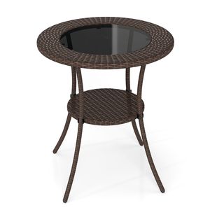 Table de bistrot ronde pour patio avec plateau en rotin et verre trempé - Étagère de rangement à 2 niveaux - Meubles d'extérieur pour véranda, balcon et jardin - Product Image 4