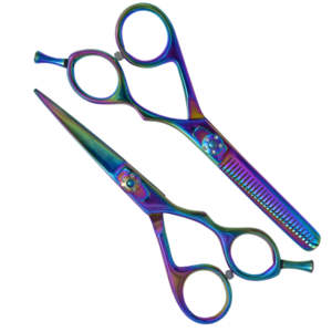 Juego de tijeras profesionales para cortar y entresacar cabello Rainbow Titanium, tijeras de peluquería con tornillo de tensión ajustable - Product Image 4