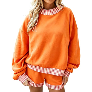 Conjunto de Sudadera y Pantalones Cortos a Cuadros con Parches en Contraste para Mujer, Corte Holgado, Dos Piezas, Ropa Juvenil para el Día del Partido - Product Image 1