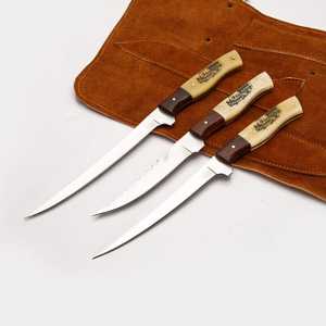 Custom Hand-Forged Stainless Steel 3. PCS Fillet <b>Knife</b> <b>Set</b> | Custom Bone Handle Hunting <b>Knife</b> with Brass Pins & Leather Cover - Product Image 2