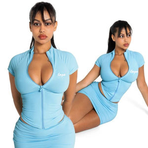 Clothing Manufacturers Summer Zipper Short Sleeve <b>Jacket</b> and Skirt Streetwear <b>Workout</b> Sets Women 2 Piece Shorts Set Tracksuit - Product Image 3