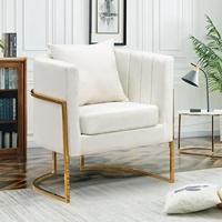 Au milieu du siècle moderne velours Accent chaise confortable baril fauteuils blanc oreiller or métal pieds pour salon chambre