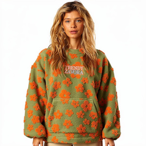 Trendy Oversized Floral Sherpa <b>Hoodies</b> <b>Women</b> <b>Teddy</b> Fleece Pullover Custom Embroidery Premium OEM Private Label Manufacturer - Product Image 1