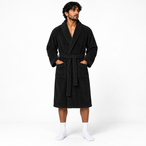 Peignoir Homme en Flanelle Noire 100% Coton à Col Châle, Manches Longues, Ceinture et Poches – Doux, Absorbant, Respirant, Séchage Rapide, Thermique, Idéal Spa et Maison - Product Image 1