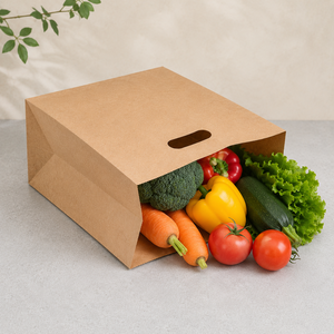 Sac en papier kraft à fond carré avec poignées découpées, porte-aliments recyclable pour boulangerie - Product Image 4