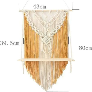White Yellow Macrame Wall Hanging <b>Shelf</b> Cotton Rope with <b>Pine</b> Wood Handmade Decorative Fringe Bohemian Home Décor for Livingroom - Product Image 3