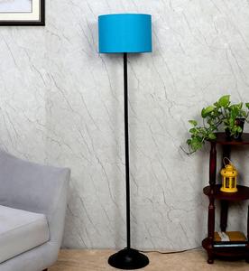 Lampe de sol moderne en métal avec abat-jour cylindrique en tissu bleu, lumière LED blanc chaud pour salon, design minimaliste - Product Image 2