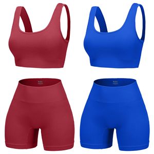 Conjunto de Yoga sin Costuras de 2 Piezas, Top Corto de Cintura Alta y Pantalones Cortos, Color Sólido, Espalda Cruzada, Ropa Deportiva para Mujer - Product Image 4