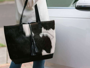 Bolso Tote de Cuero Vacuno con Detalle de Borla, Patrón Blanco y Negro, Bolso de Hombro para Mujer, Precio al por Mayor, OEM - Product Image 2