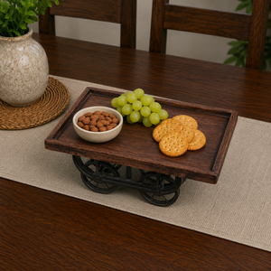 Bandeja de Servir de Madera Estilo Industrial con Ruedas de Hierro |   Plato Decorativo Rústico para Centro de Mesa, Decoración del Hogar - Product Image 2
